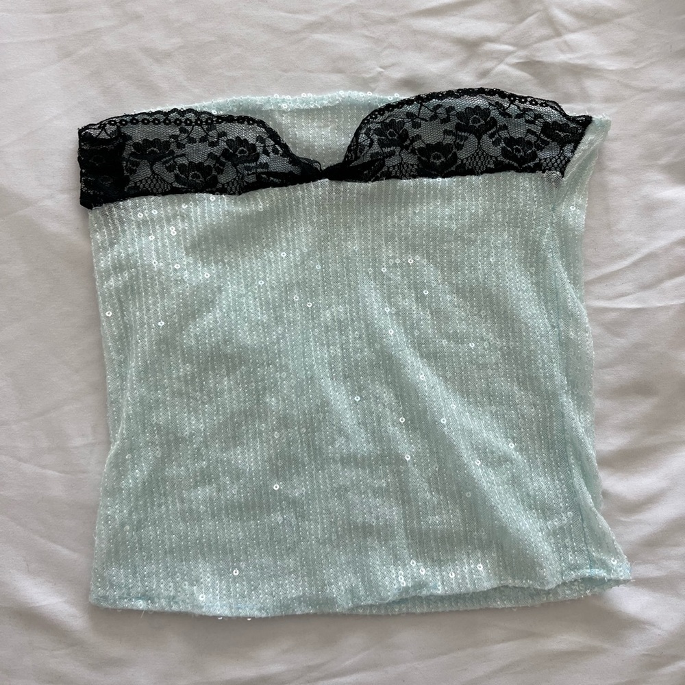 Blue sequin and black lace crop top